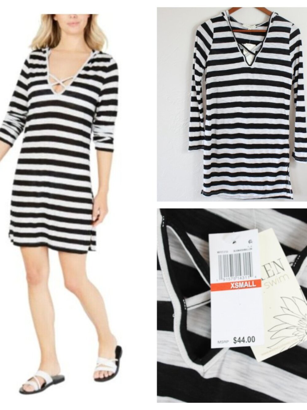 Miken Hoodie Swimsuit Cover Up Black Marshmallow Stripe XSmall NWT